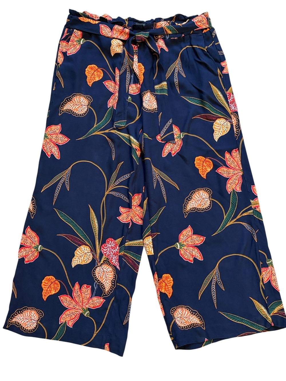 LOFT Capri Fluid Pants Tropical Print Pull-On Flowy Navy Size M - Picture 4 of 6